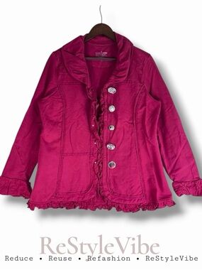 NEON BUDDHA Women’s Size L Blazer Jacket Coat Eclectic Buttons Ruffles Stretch